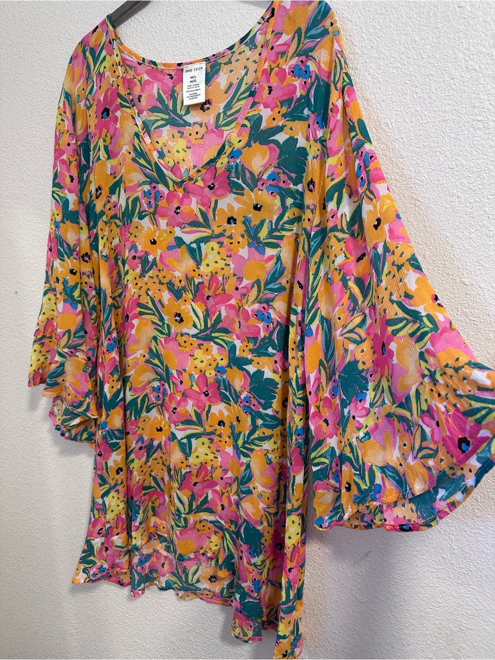 Anne Cole Floral V-Neck Blouse in Pink, Yellow & Teal